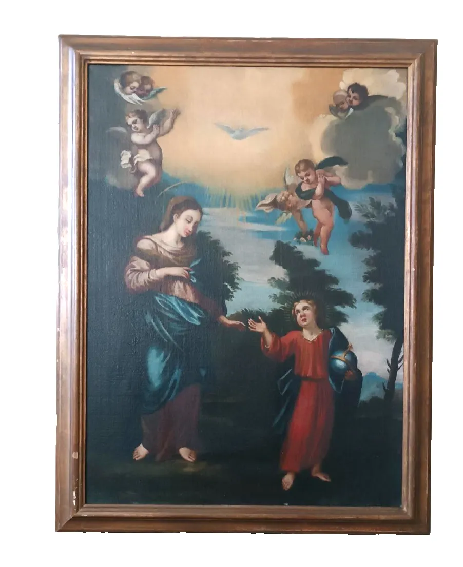 Antique Oil Painting On Canvas Madonna With Child And Angels 18th Century