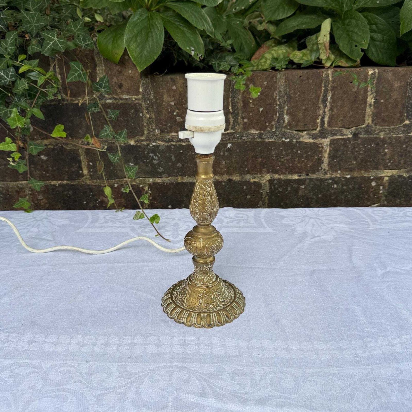 Vintage Ornate Brass Table Lamp With Rococo Style Embossed Floral Detailing And Scalloped Base, Elegant Revival Style, Working
