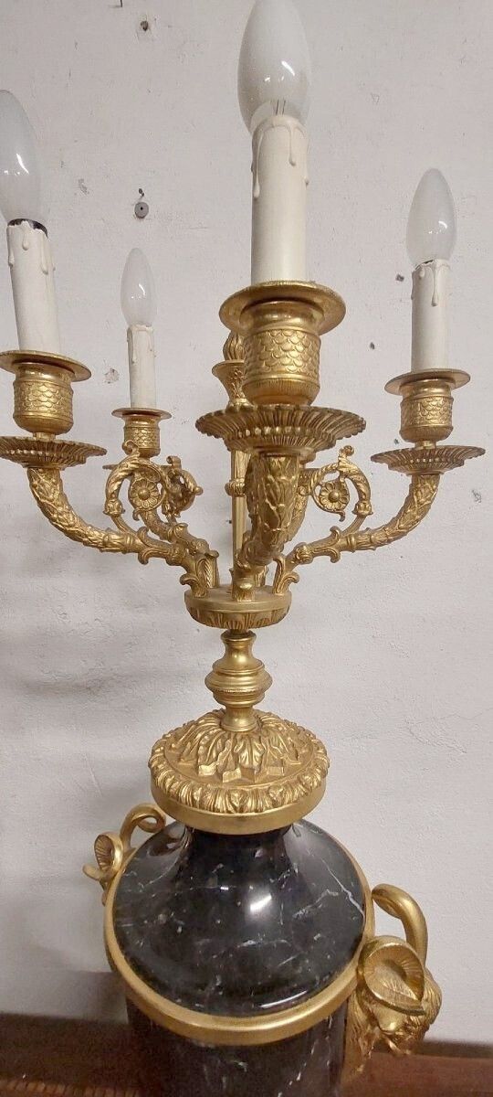Pair Of Large Napoleon III Style Candelabras In Black Belgian Marble And Gilded Bronze photo vintage