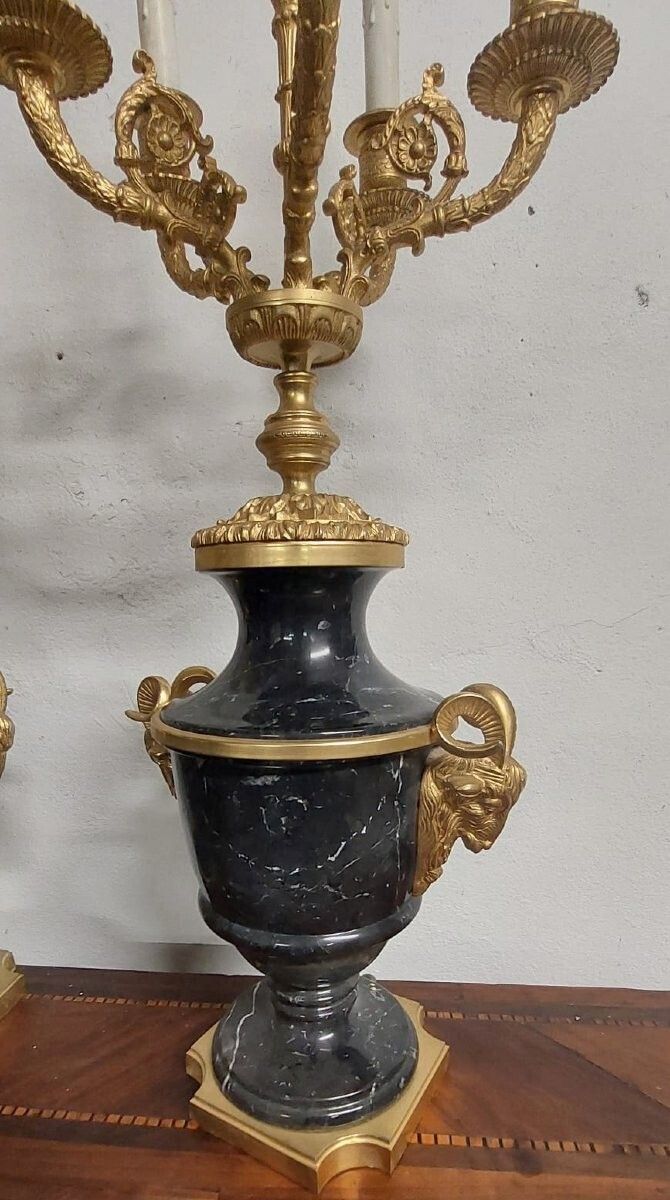 photo furniture Pair Of Large Napoleon III Style Candelabras In Black Belgian Marble And Gilded Bronze