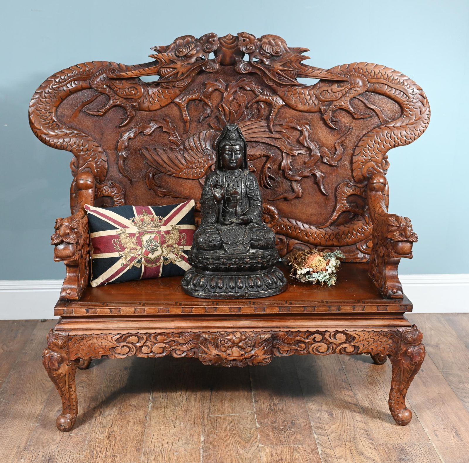 Chinese Dragon Bench Carved Seat Cinnabar Lacquer 1860