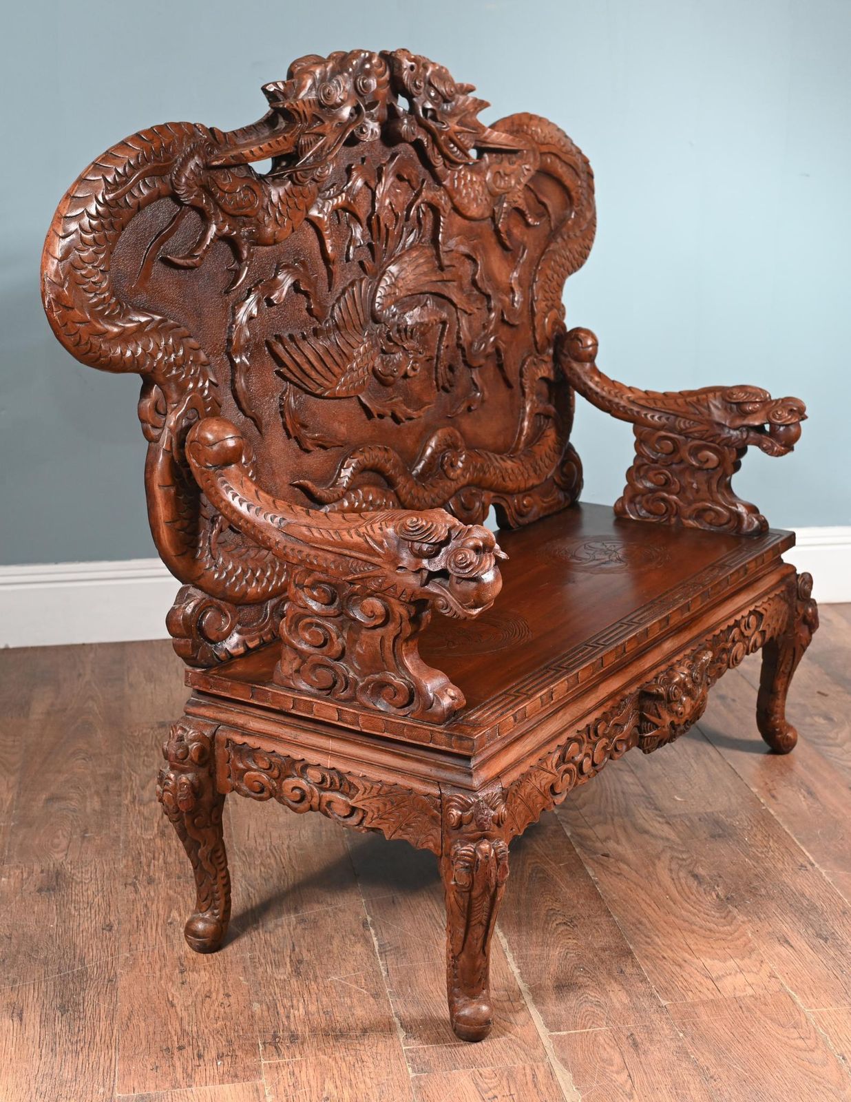 photo furniture Chinese Dragon Bench Carved Seat Cinnabar Lacquer 1860