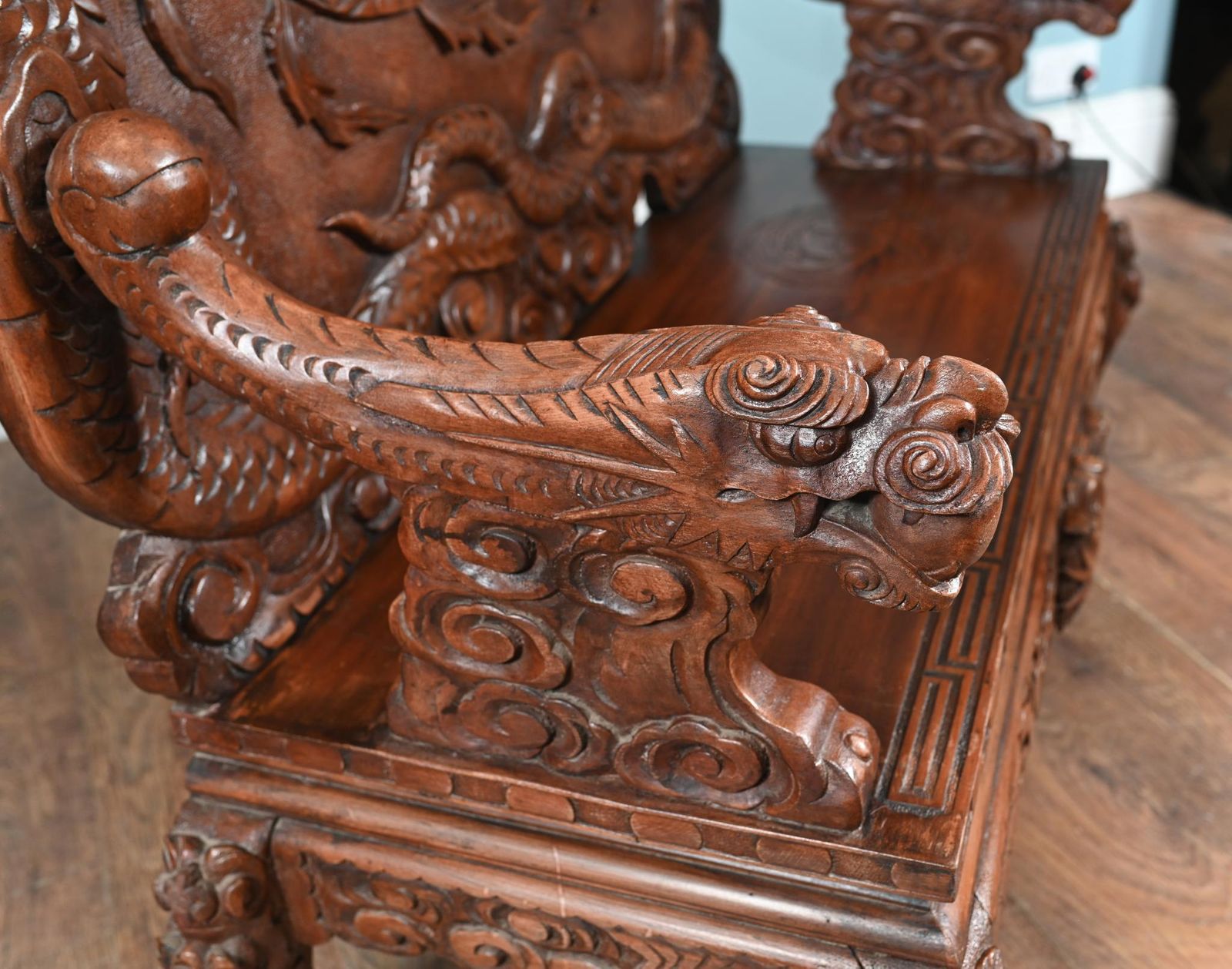 photo for sale Chinese Dragon Bench Carved Seat Cinnabar Lacquer 1860