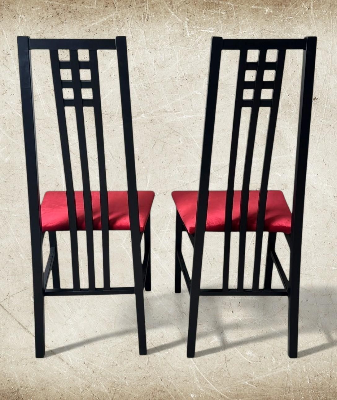 Mackintosh Style Pair Italian Black Lacquered Wood Chairs Red Velvet Upholstery photo buy