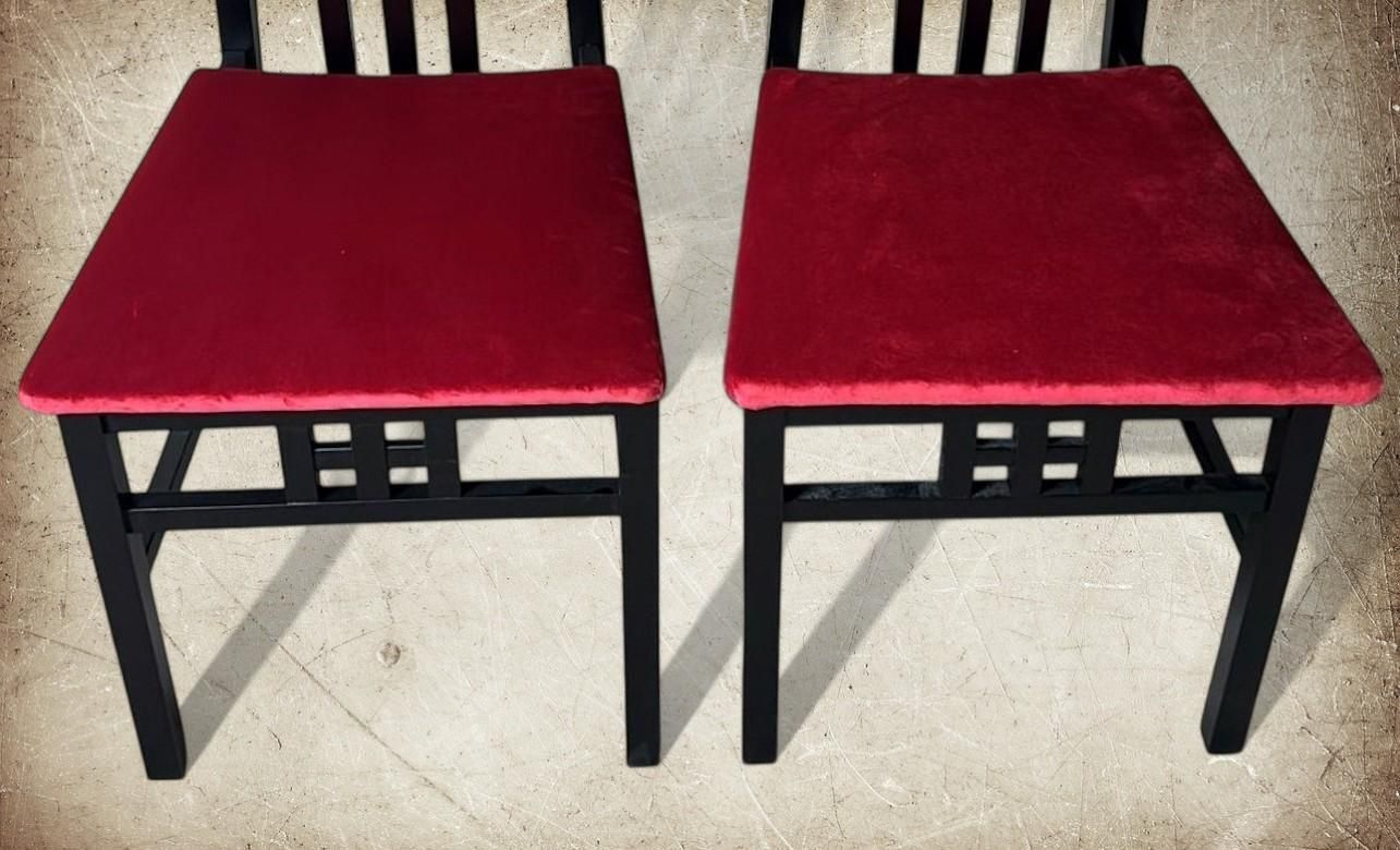 Mackintosh Style Pair Italian Black Lacquered Wood Chairs Red Velvet Upholstery photo vintage