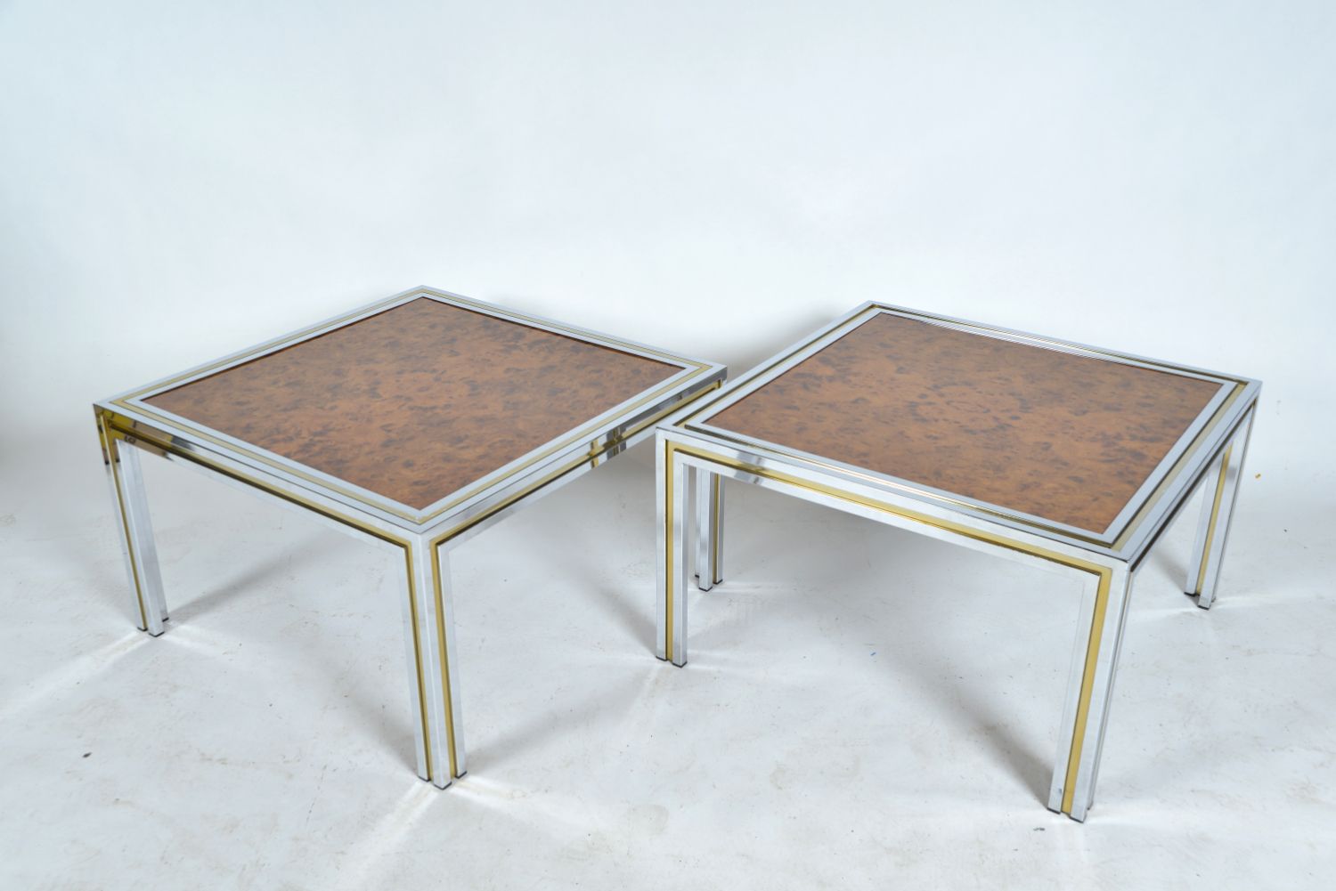 photo for sale Large Pair 1970s Italian Chrome Brass Burr Elm Wood Side Lamp Occasional Tables Hollywood Regency