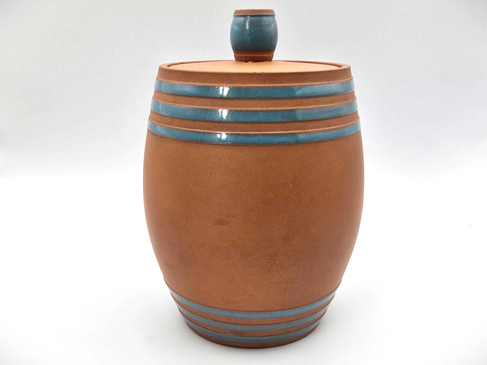 Antique Torquay Terracotta Company (Ttc) Tobacco Jar   Barrel Shaped With Blue Celeste Enamel   Torquayware Made In Devon photo furniture