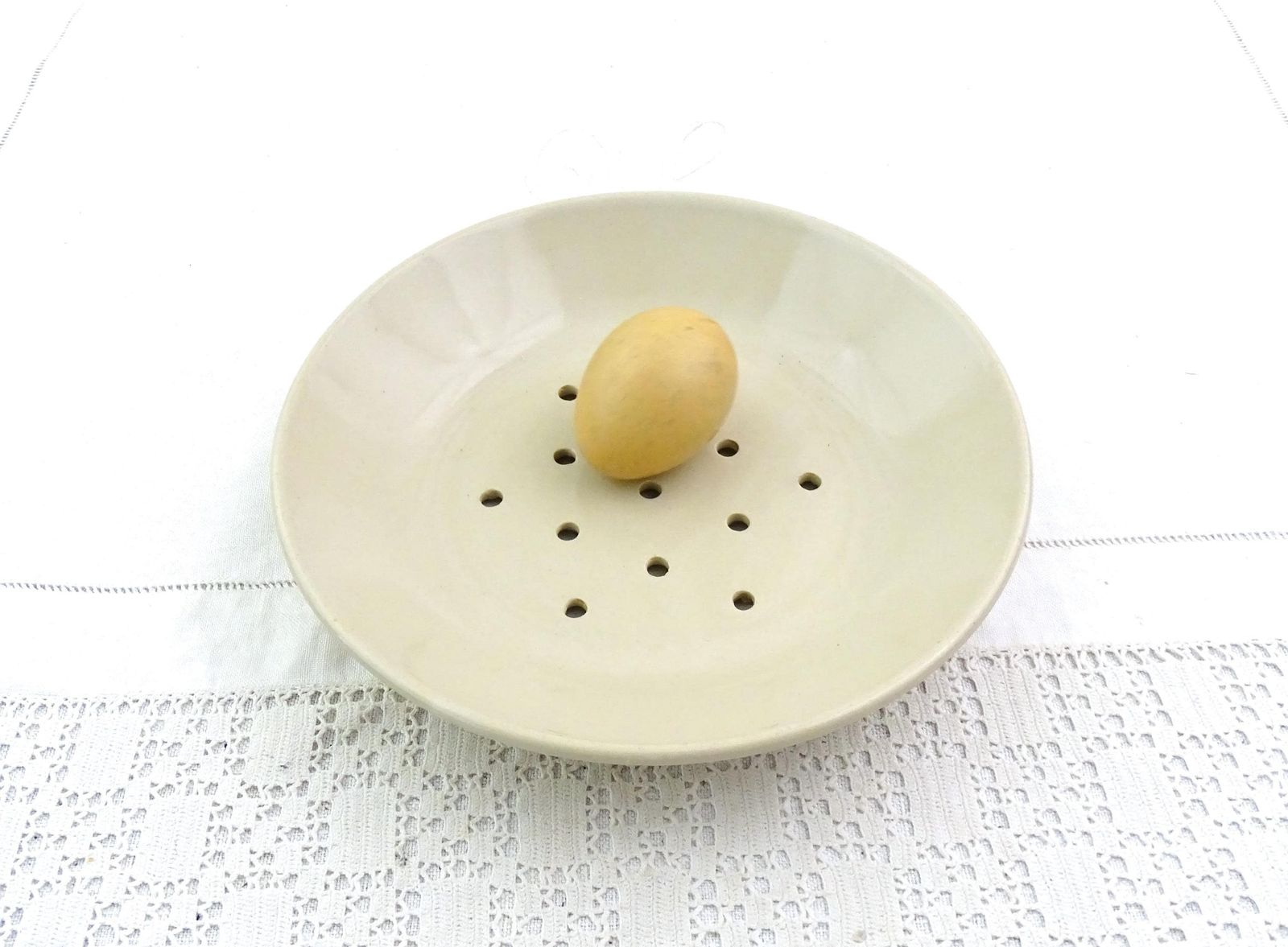 Vintage French Off White Pottery Cheese Strainer Plate, Vintage Country Farmhouse Fruit Colander, Berry Bowl, Cottage Kitchen Decor France