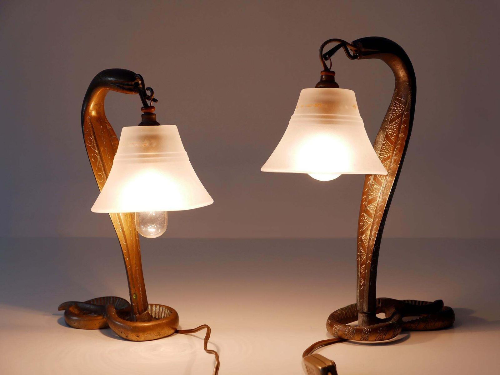 Set Of Two Decorative Art Nouveau Bronze Cobra Table Lamps 1910s photo vinterior