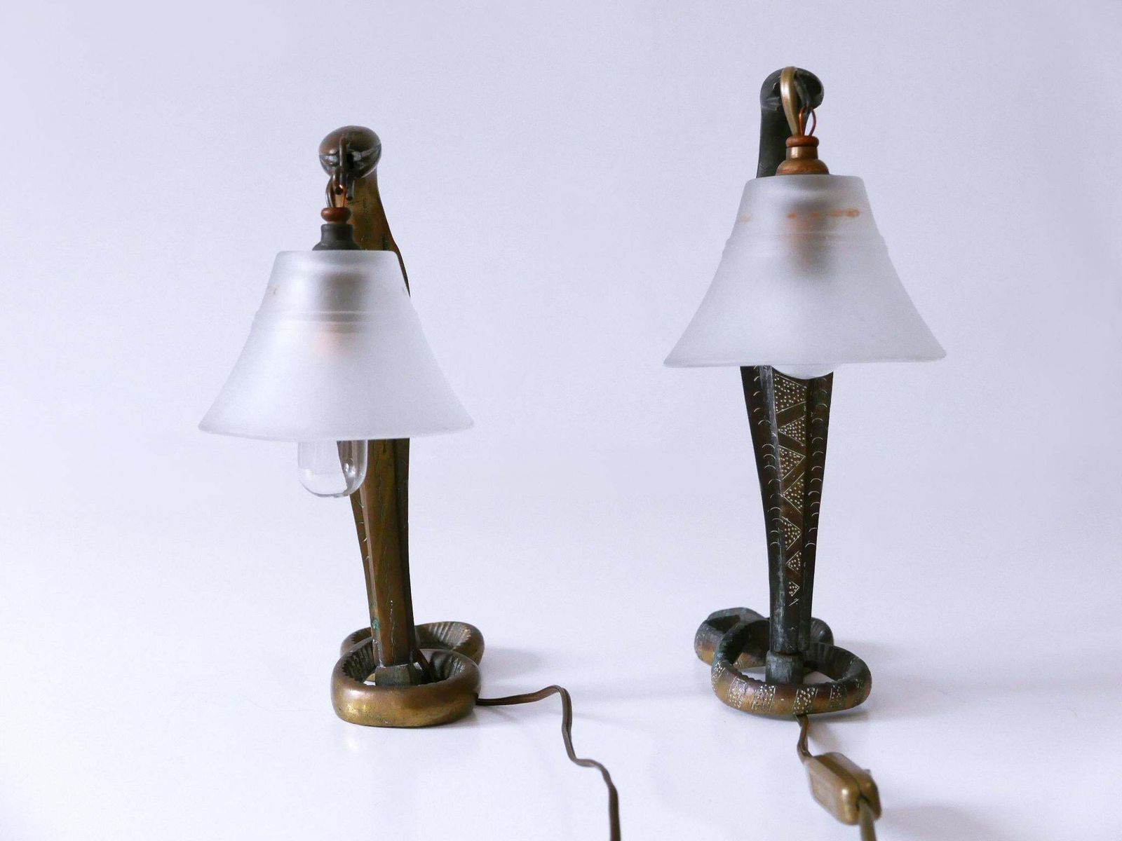 Set Of Two Decorative Art Nouveau Bronze Cobra Table Lamps 1910s photo buy