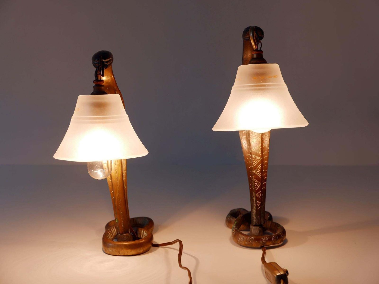 Set Of Two Decorative Art Nouveau Bronze Cobra Table Lamps 1910s photo vintage