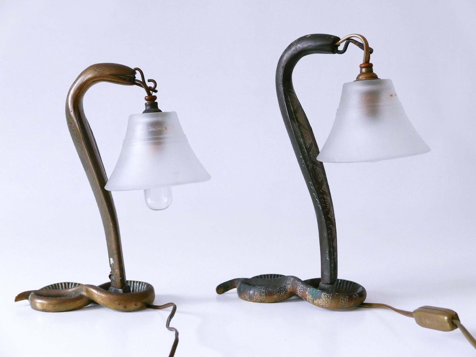 photo buy Set Of Two Decorative Art Nouveau Bronze Cobra Table Lamps 1910s