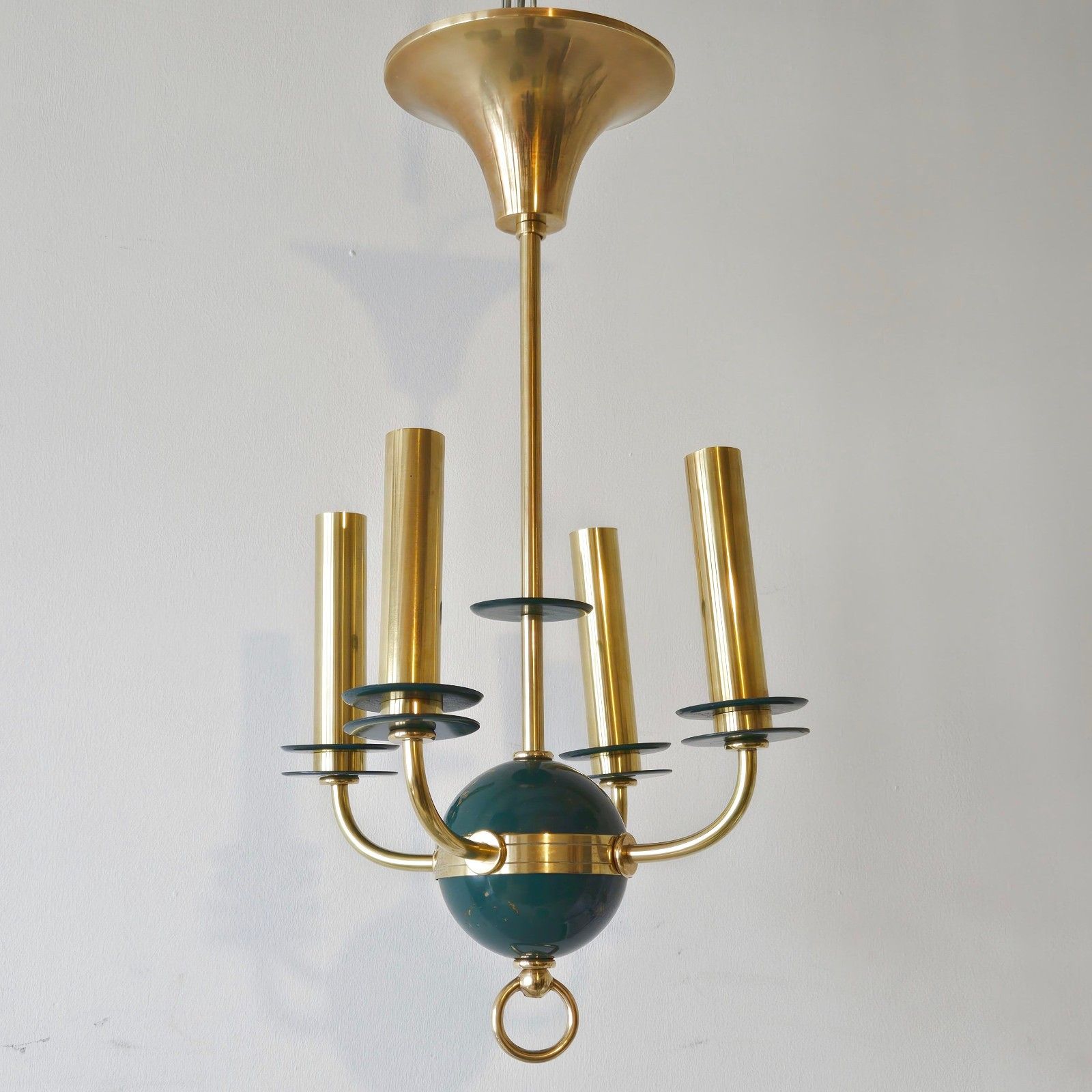 Vintage 1950s Gold Brass & Metal Green Lacquer Pendant Chandelier 50s Rockabilly