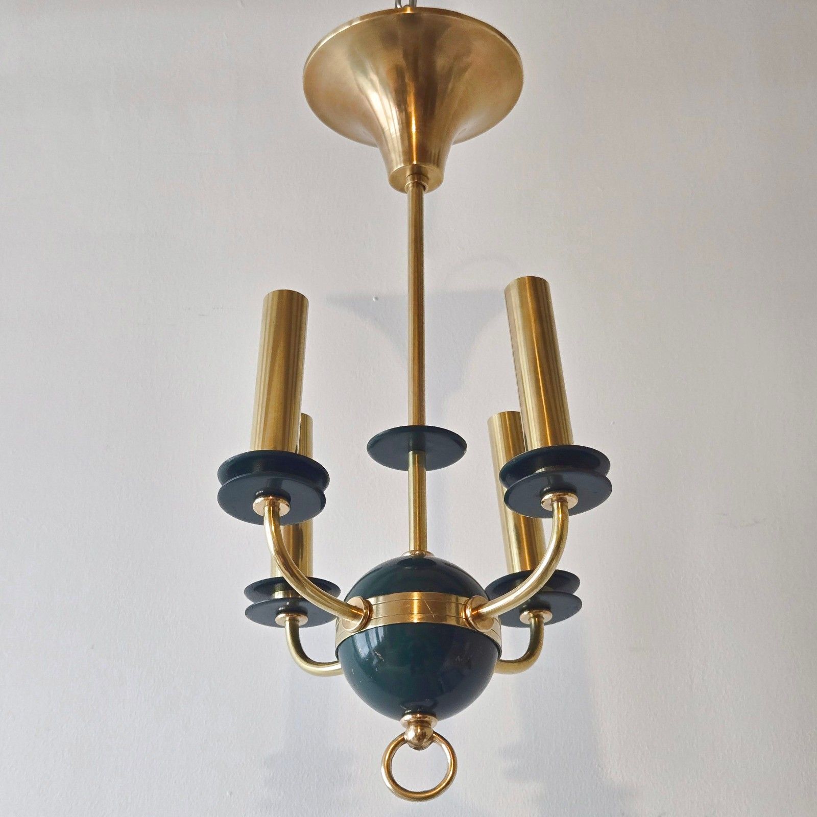 Vintage 1950s Gold Brass & Metal Green Lacquer Pendant Chandelier 50s Rockabilly photo furniture