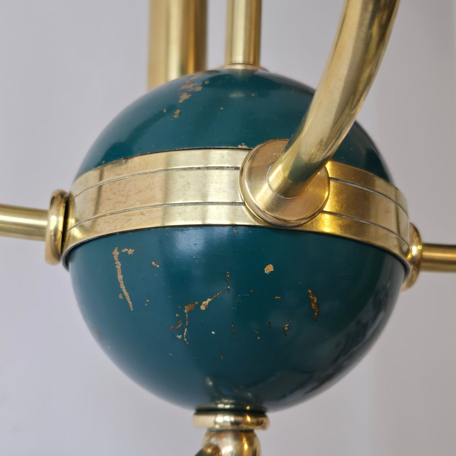 Vintage 1950s Gold Brass & Metal Green Lacquer Pendant Chandelier 50s Rockabilly photo 572.0