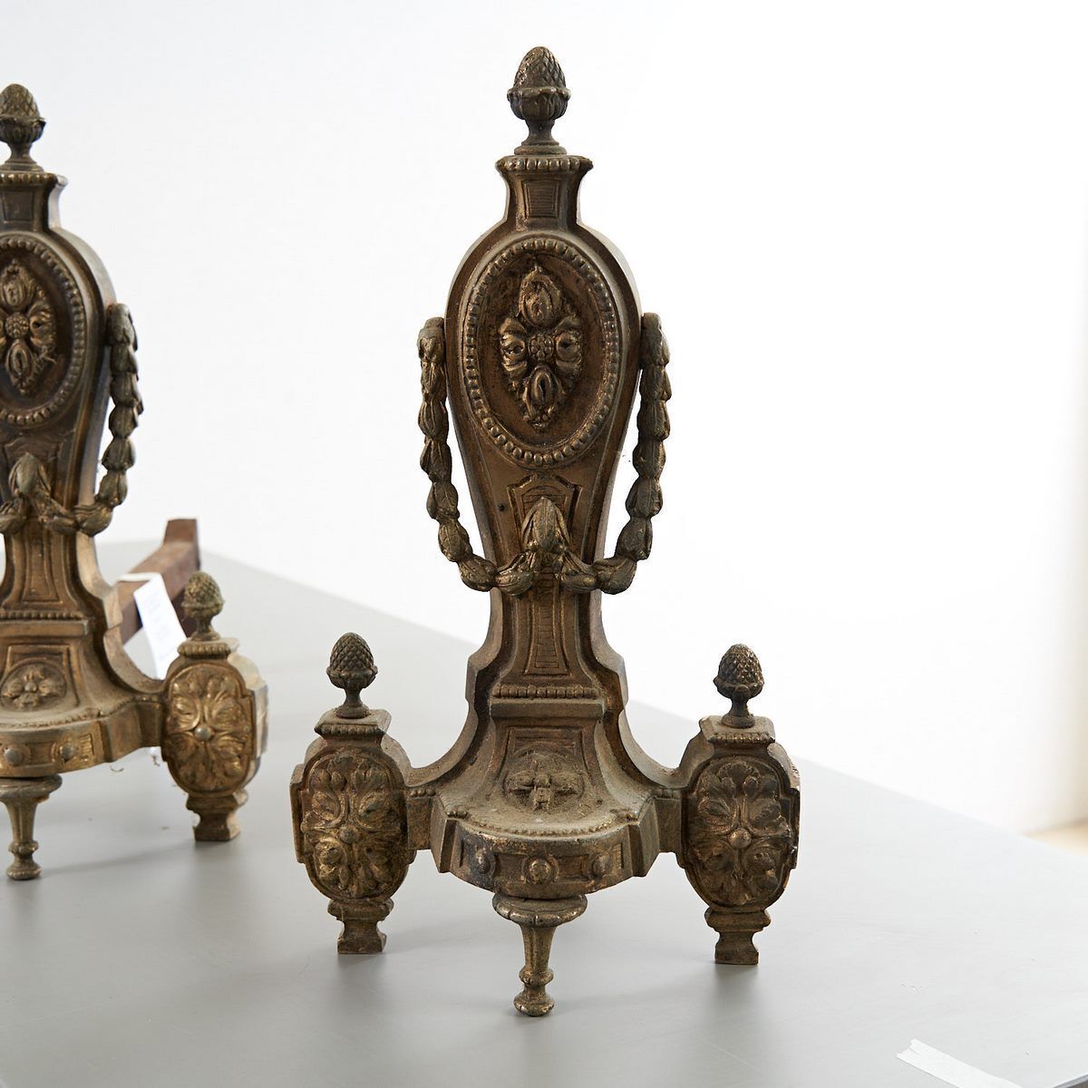 Pair Of Neoclassical Andirons In Gilded Metal photo furniture
