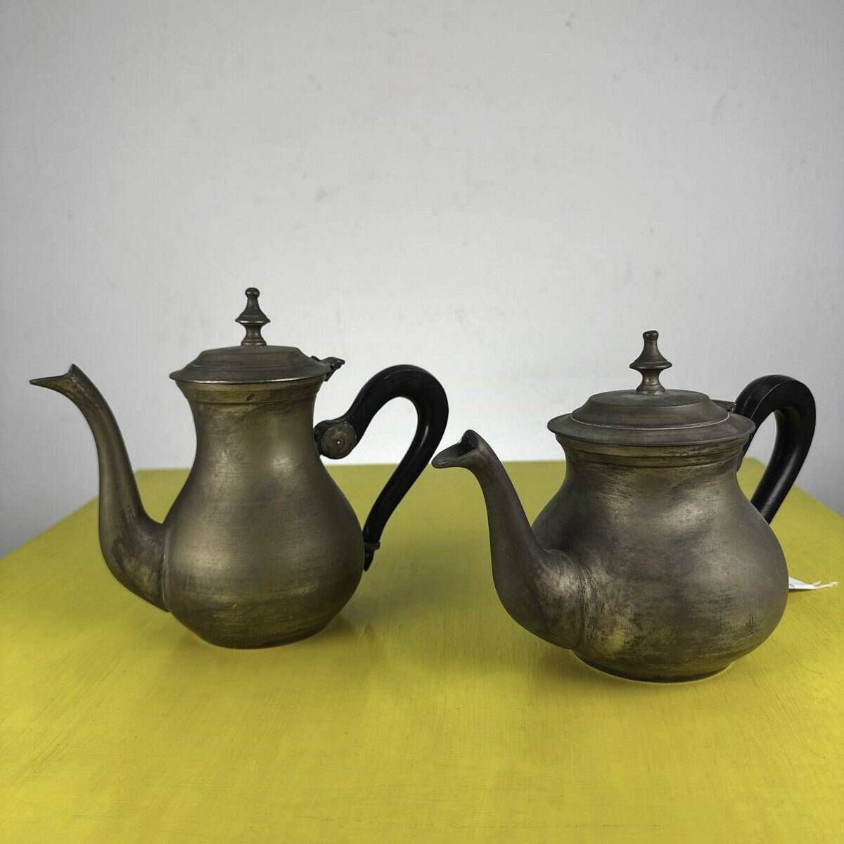 Pair Of Vintage Metal Teapots With Wooden Handles