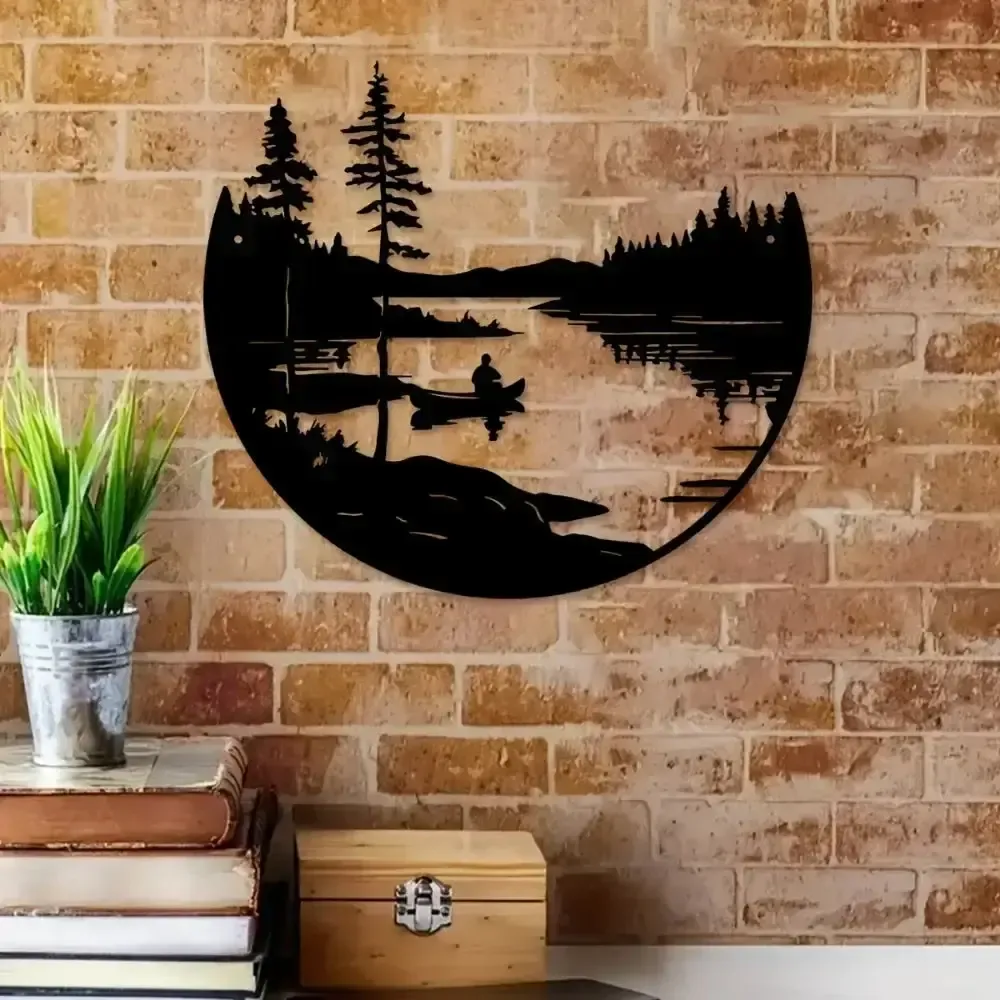 Round Metal Wall Art With Mountain And Lake Sculpture