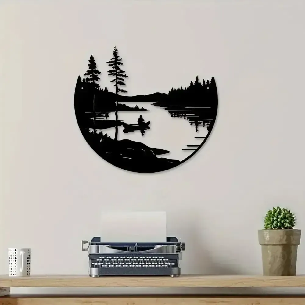 Round Metal Wall Art With Mountain And Lake Sculpture photo furniture