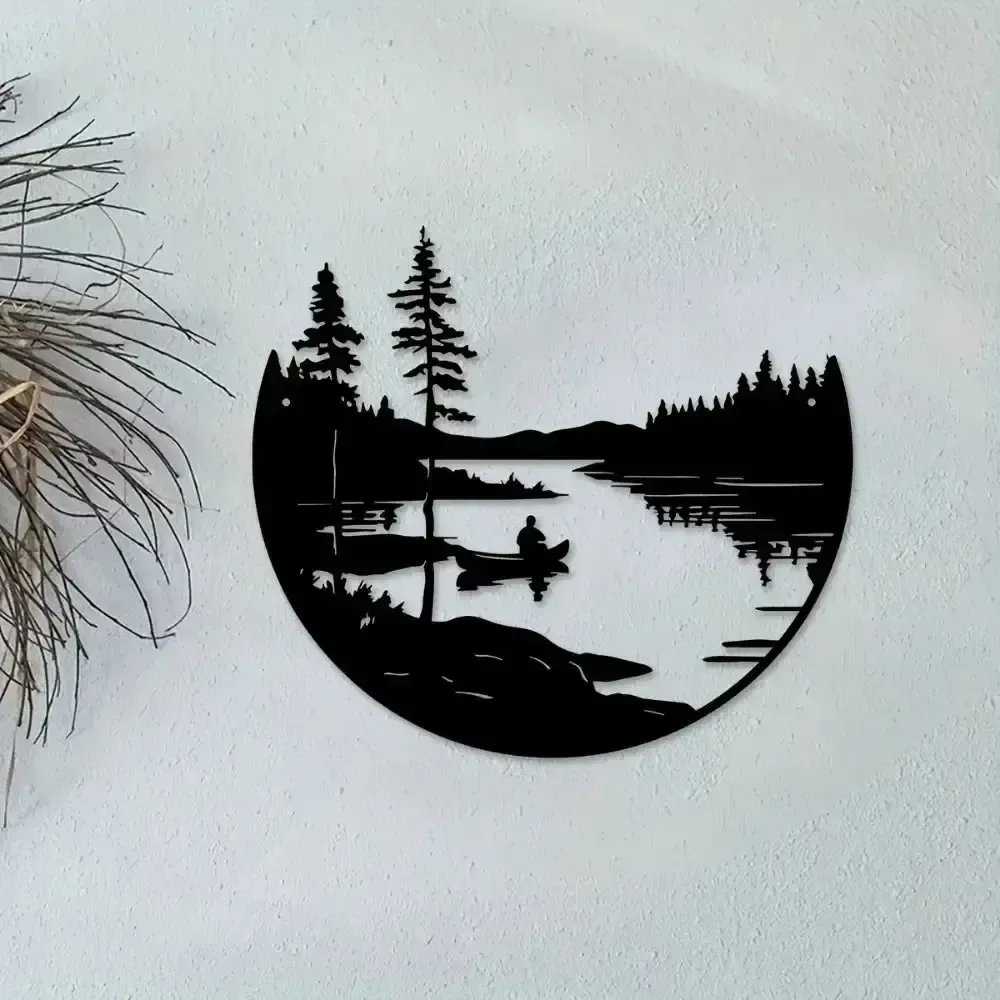 Round Metal Wall Art With Mountain And Lake Sculpture photo for sale