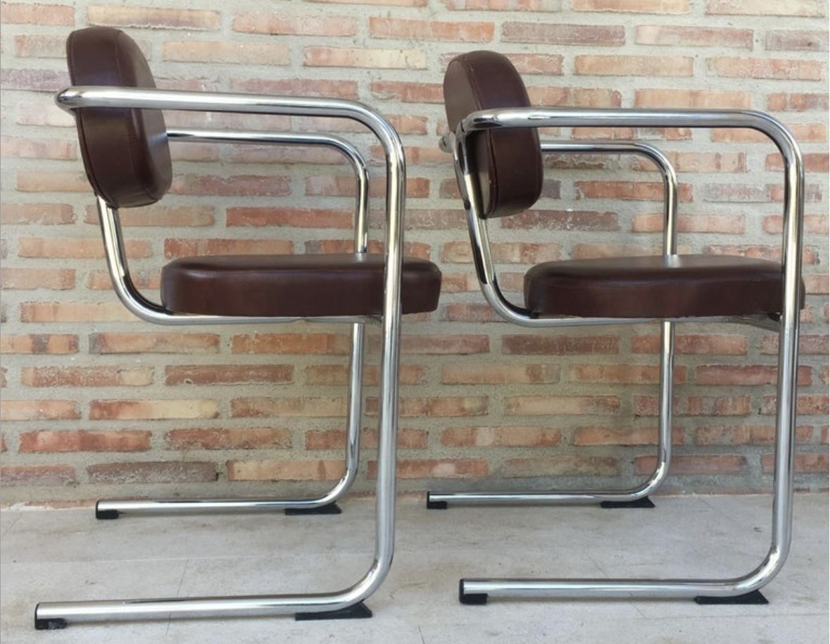 Italian Armchairs In Brown Leather And Chrome, 1980s, Set Of 5 photo vintage