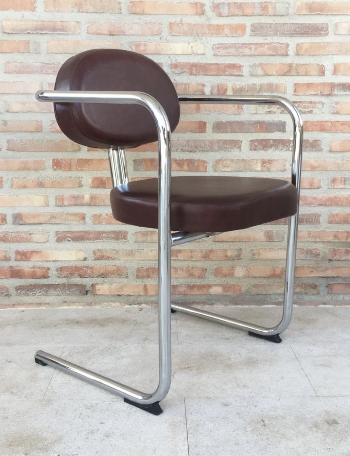 photo for sale Italian Armchairs In Brown Leather And Chrome, 1980s, Set Of 5