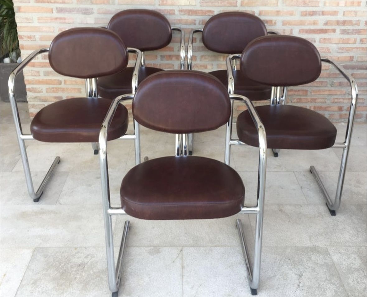 2840.0 Italian Armchairs In Brown Leather And Chrome, 1980s, Set Of 5 photo