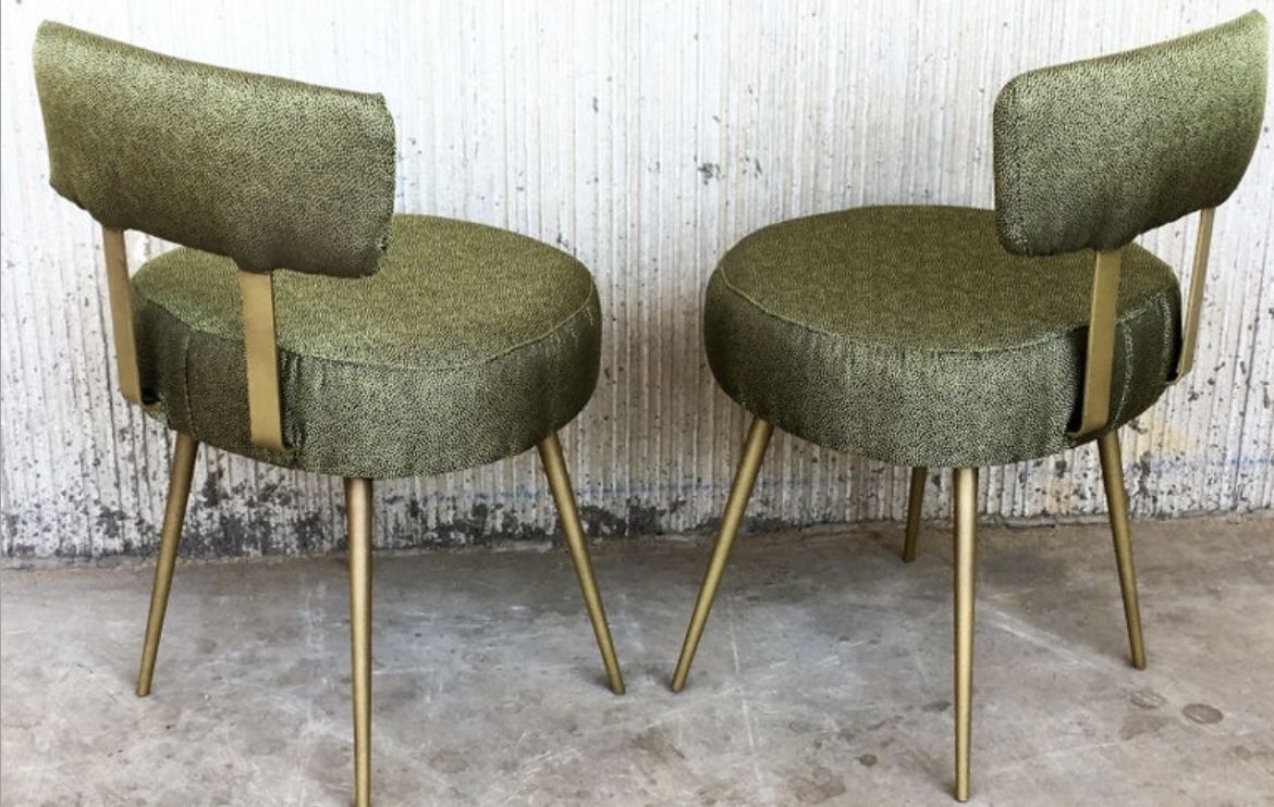 Mid Century Round Stools With Backrest In Green And Gold, 1950s, Set Of 2 photo 3026.0