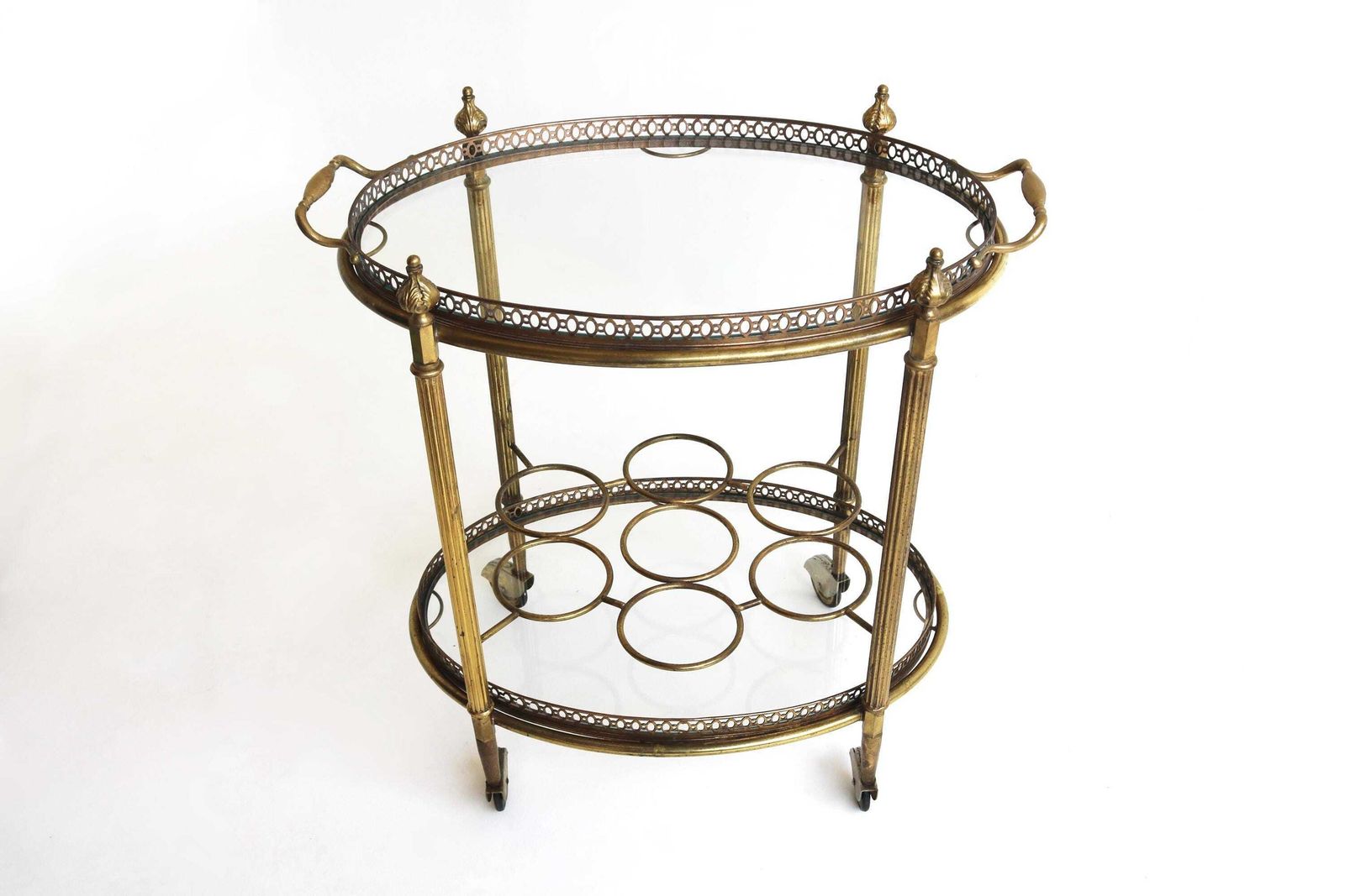 Brass Bar Cart Oval Hollywood Regency Glass Trolley W/ Removable Tray & Bottle Rack French 1940s Tea Cart Side Table