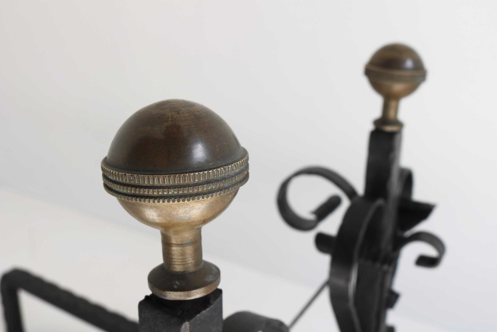 Hand Forged Wrought Iron Andirons – Vintage Fireplace Decor Mid 20th Century photo vintage