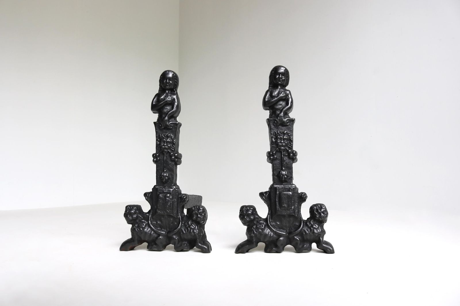 Tall Antique Cast Iron Andirons With Lions And Female Figures Heavy 19th Century Fire Dogs photo furniture
