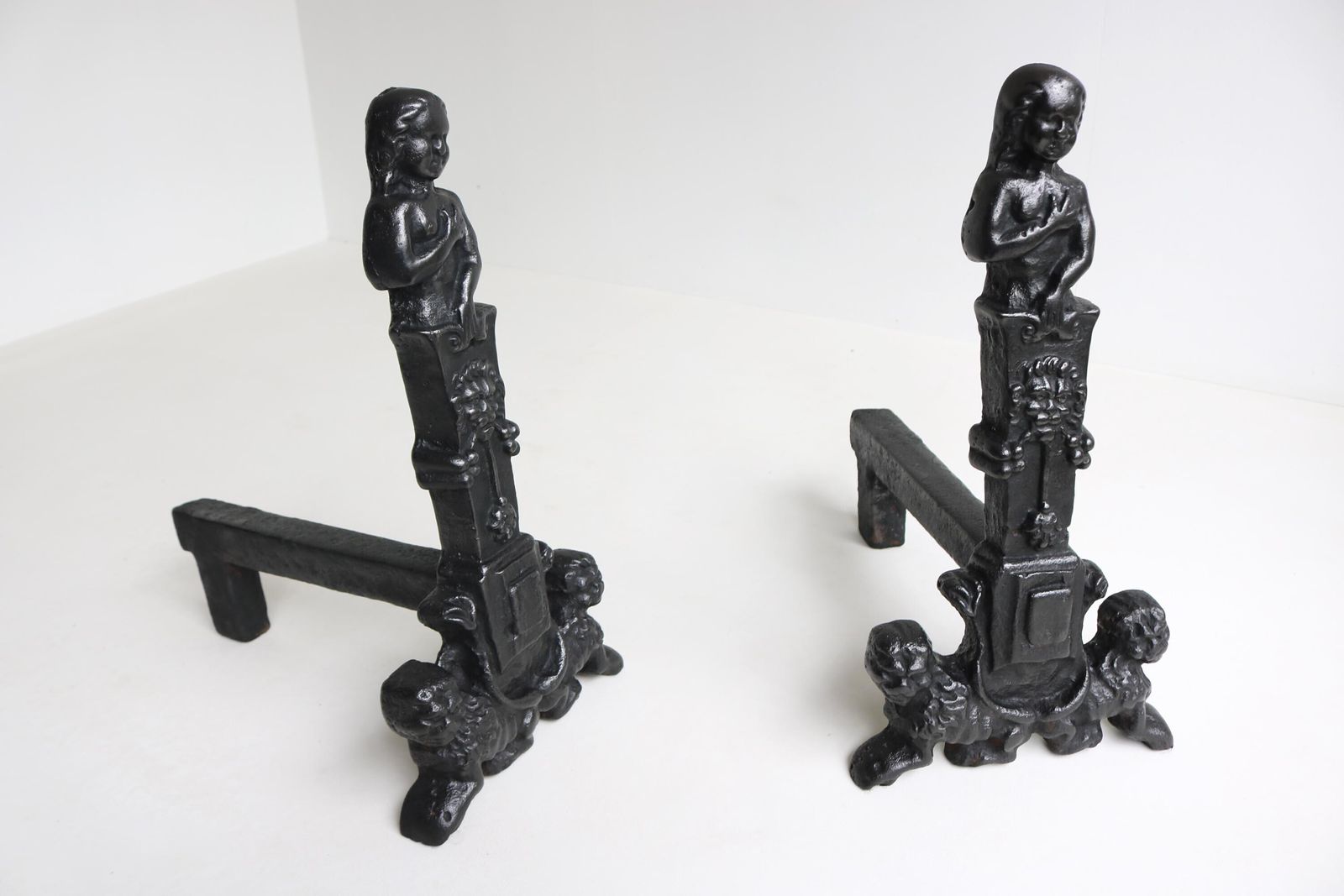 Tall Antique Cast Iron Andirons With Lions And Female Figures Heavy 19th Century Fire Dogs photo buy