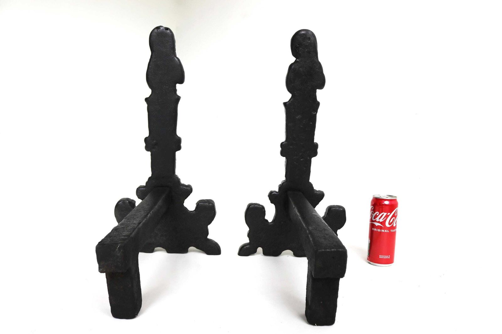 photo for sale Tall Antique Cast Iron Andirons With Lions And Female Figures Heavy 19th Century Fire Dogs