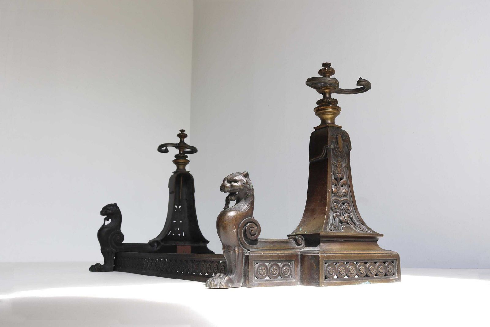 Antique 3 Piece Fireplace Fender Set Andirons With Lion/ Griffin Figures, Tool Holders Late 19th To Early 20th Century Hearth Decor