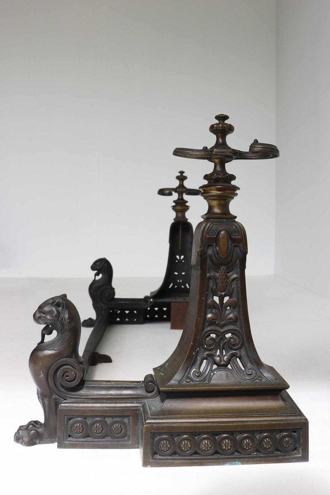 Antique 3 Piece Fireplace Fender Set Andirons With Lion/ Griffin Figures, Tool Holders Late 19th To Early 20th Century Hearth Decor photo for sale