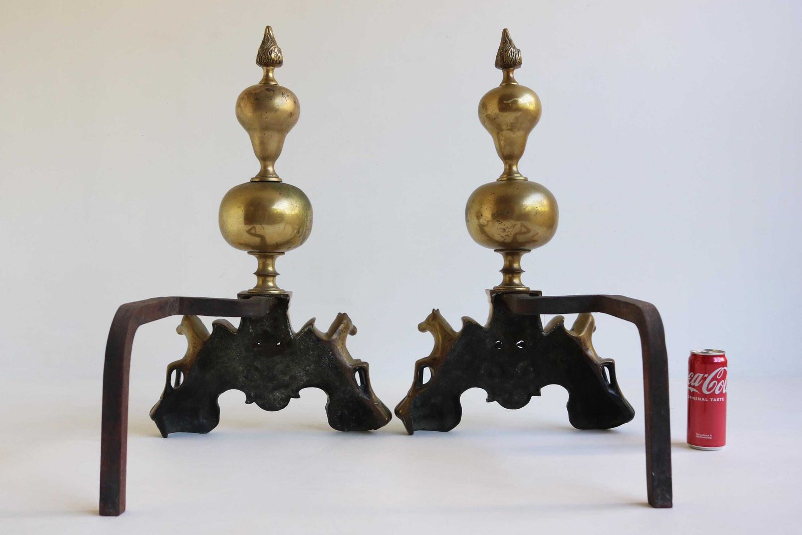 photo for sale Impressive Pair Of Brass Firedogs |Pegasus Winged Horses & Lion Mask | Claw And Ball Feet | Antique Fireplace Andirons 19th Century