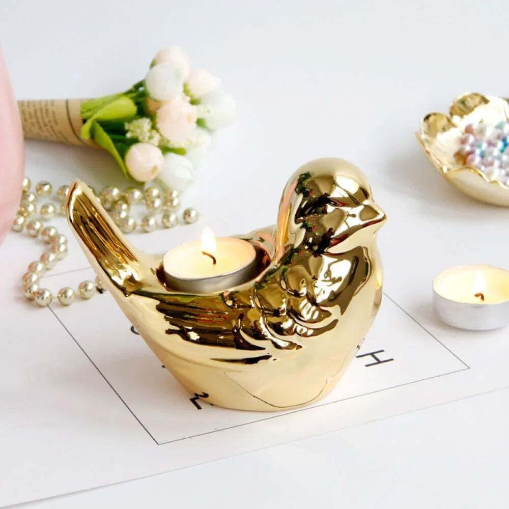 Ceramic Gold Bird Candlestick Candleholder For Home Decor