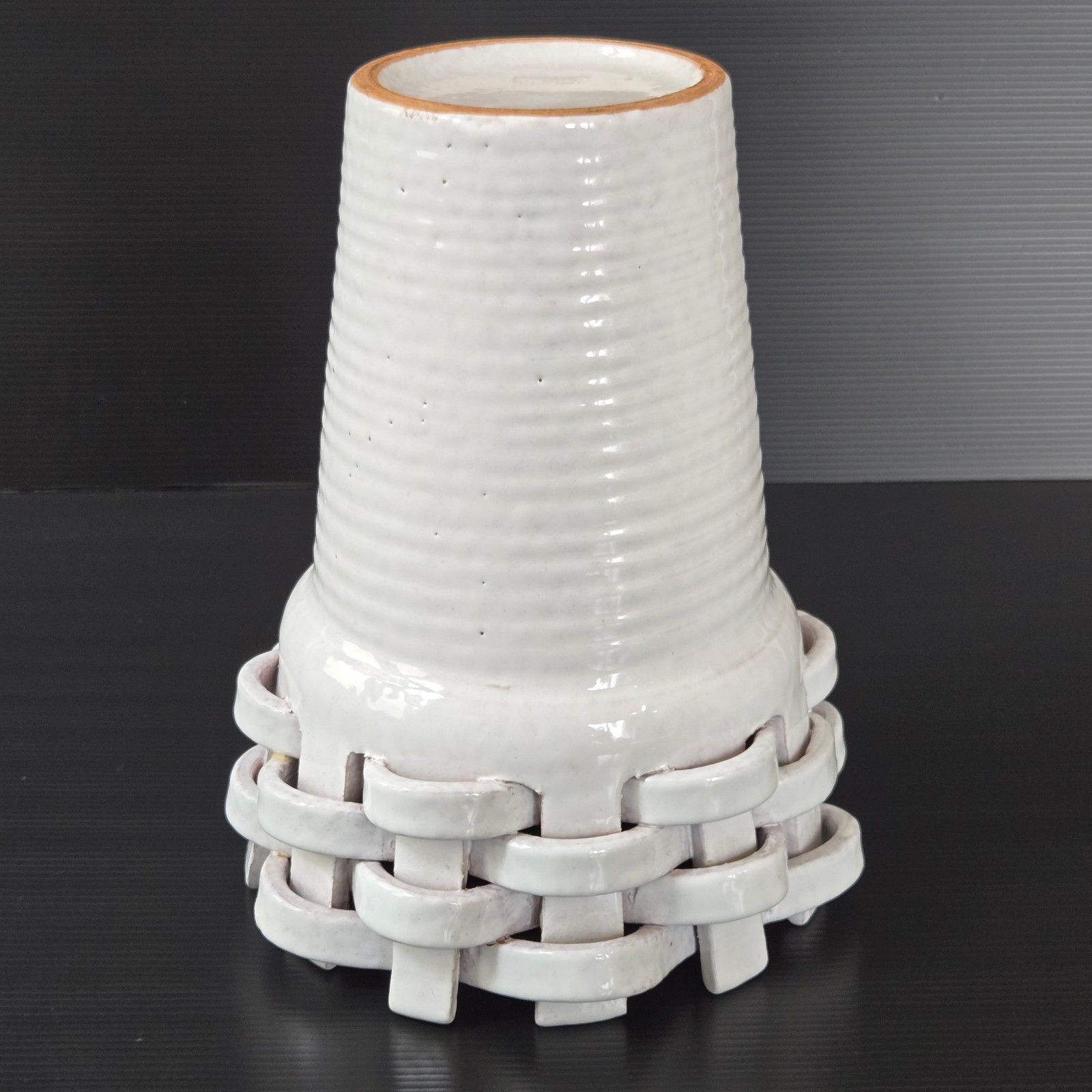 Home Decor Vintage 1960s Ceramic Terracotta Enamel Braid Vase 60s Italy White 1960s photo