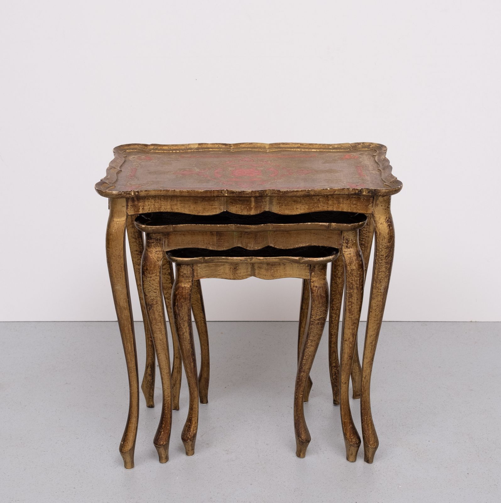 Triptych Florentine Gold And Red Wood Italian Nesting Tables, 1960 photo furniture