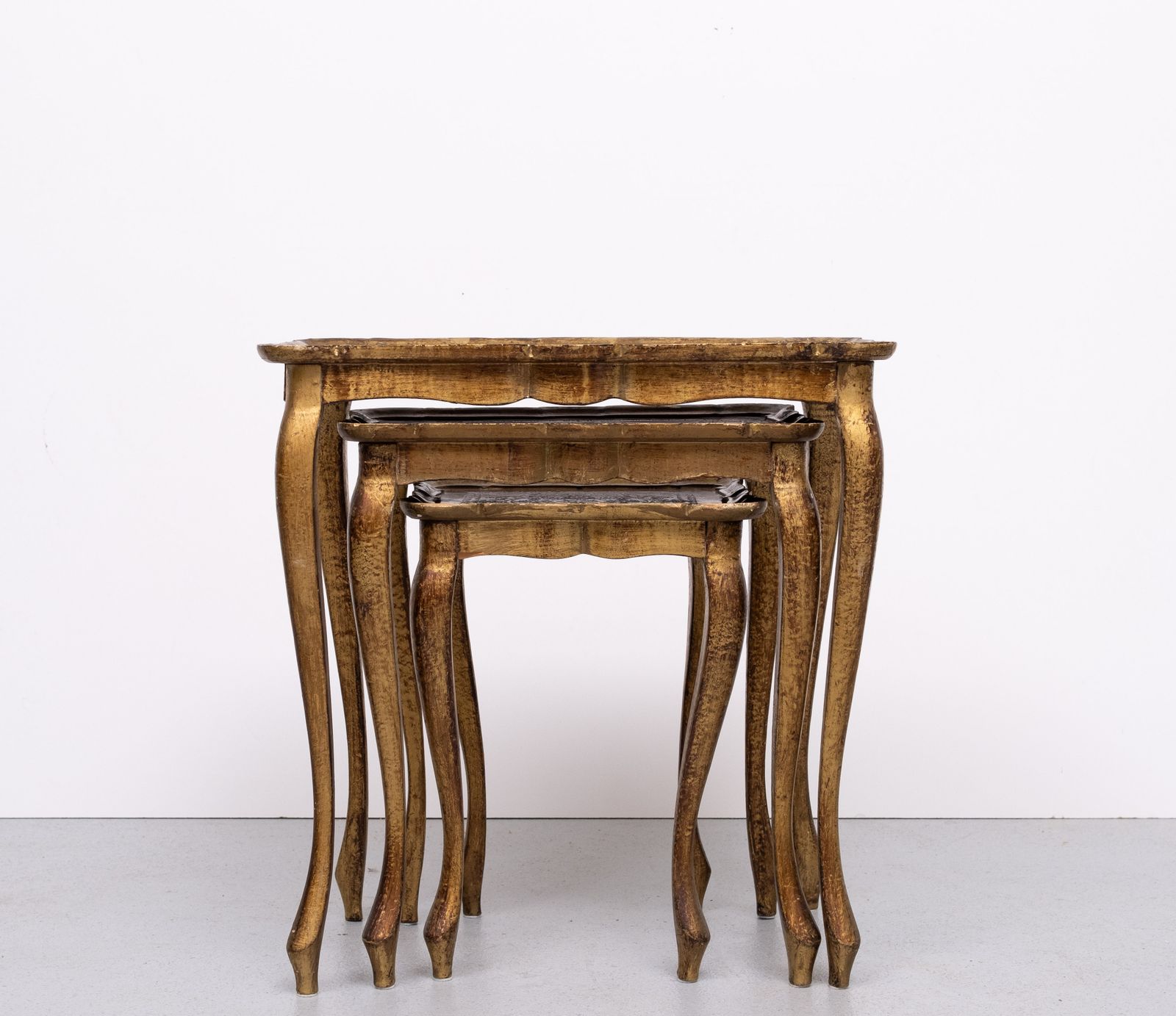 Triptych Florentine Gold And Red Wood Italian Nesting Tables, 1960 photo buy