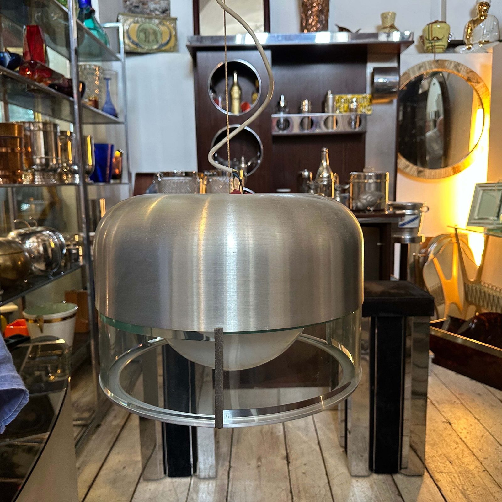 1970s Space Age Steel And Glass Pendant By Pia Guidetti Crippa For Lumi Milano photo for sale