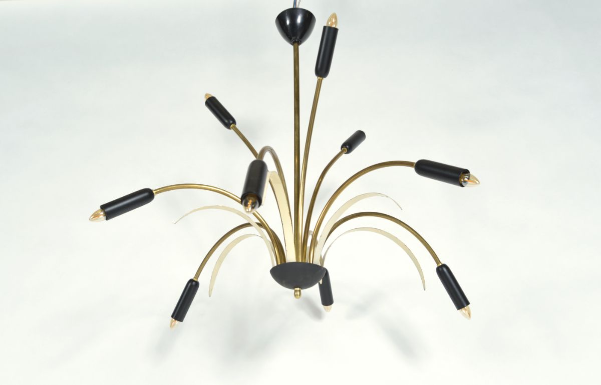Midcentury Stilnovo 9 Arm Italian Spider Pendant Light Brass Copper Sputnik 1950s photo Lighting