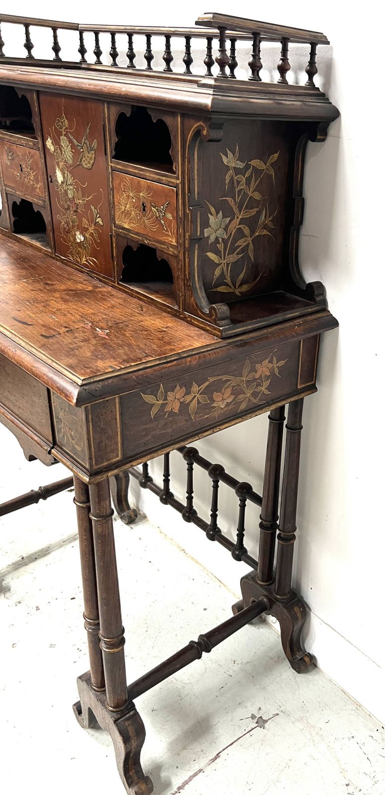 Furniture Wooden Stepped Desk Decorated With Pyrography, 19th Centur photo