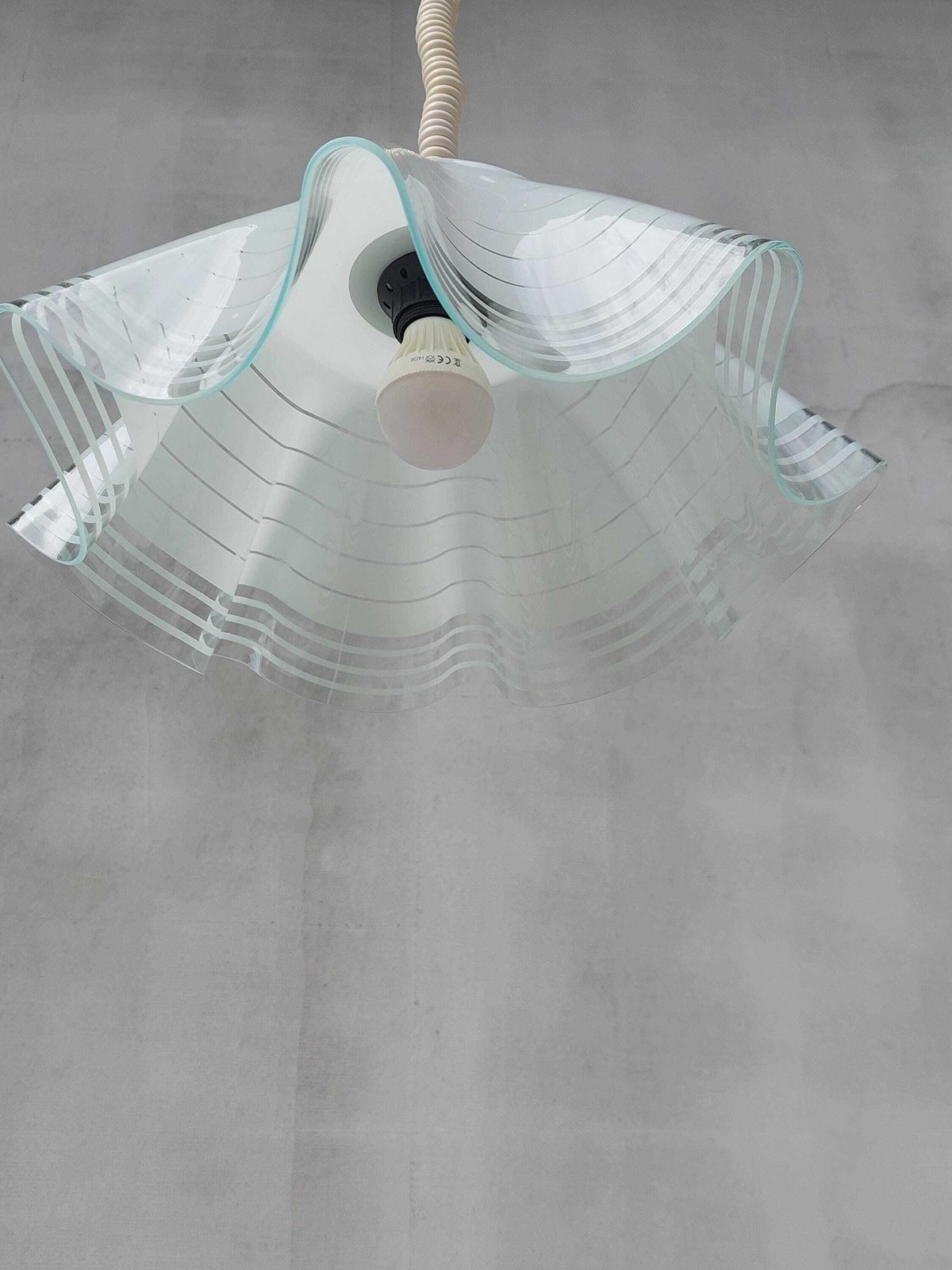 photo furniture Mid Century Minimalist Folded Glass Pendant Lamp, Folded Glass Hanging Lamp, Mid Century Chandelier, Mid Century Lighting, 1980's