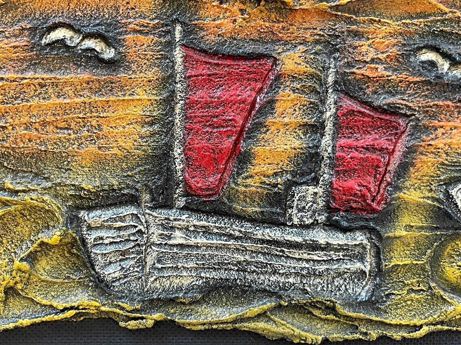 Danish Mid Century Modern 1960s Abstract Maritimepainting Of Sailboats At Sea In Relief Style With Paint On Wood By Hansen photo buy