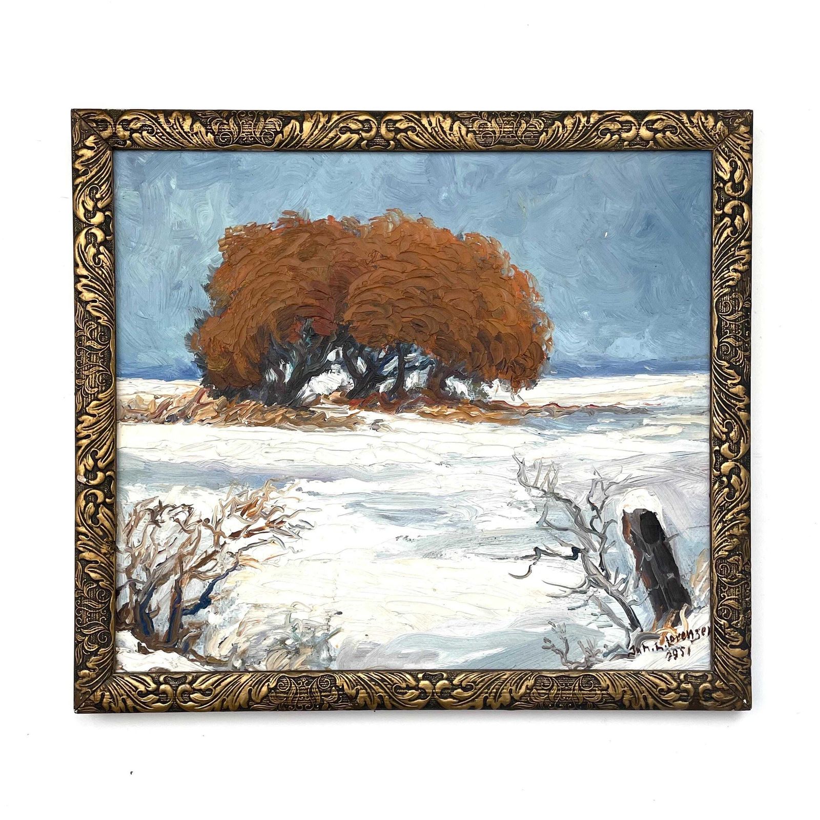 Vintage Mid 20th Century Oil Painting With Motive Of Winter Landscape By J. L. Lorenzen   Framed And Signed Danish Art From The 1950s