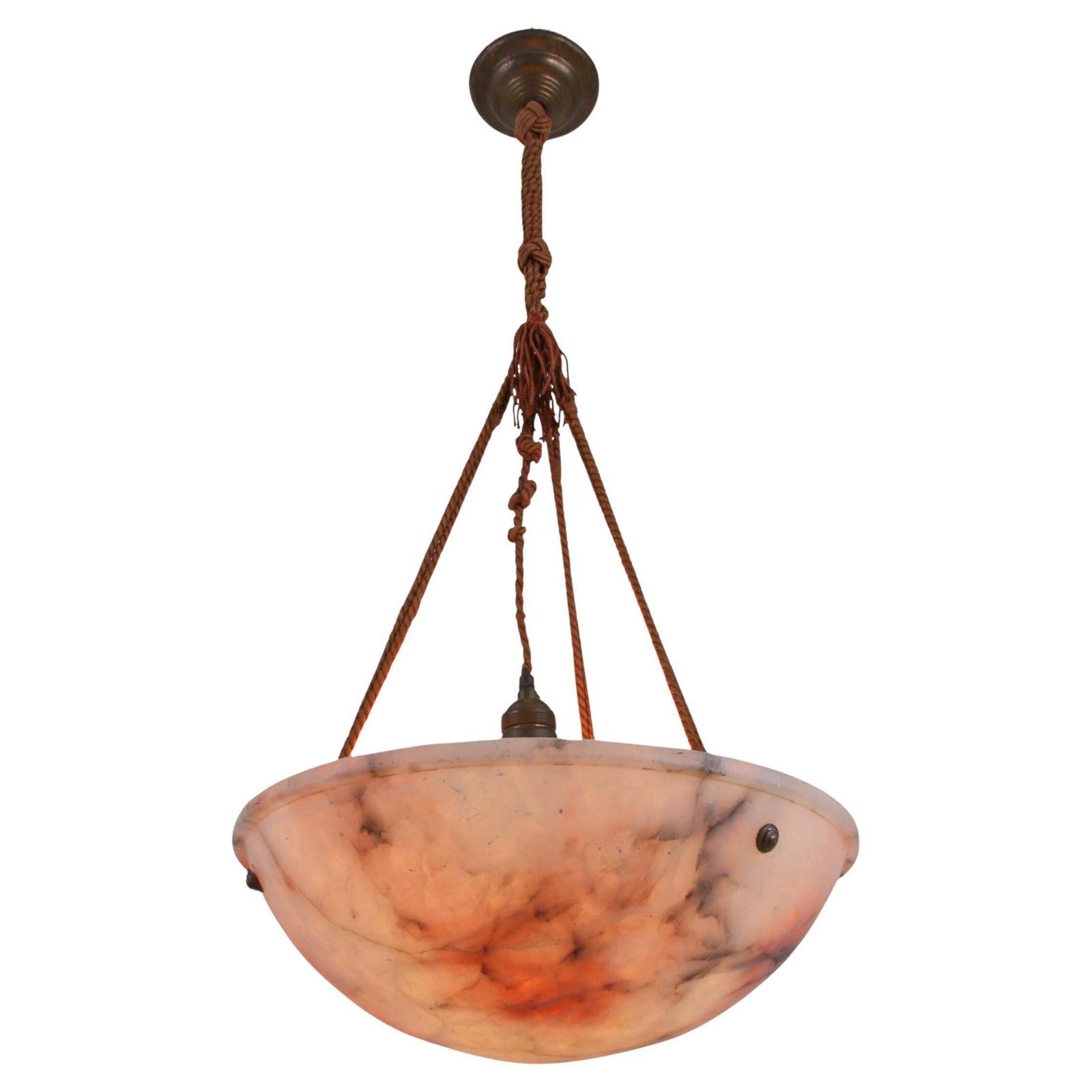 Carved Pink Alabaster French Art Deco Ceiling Light Chandelier