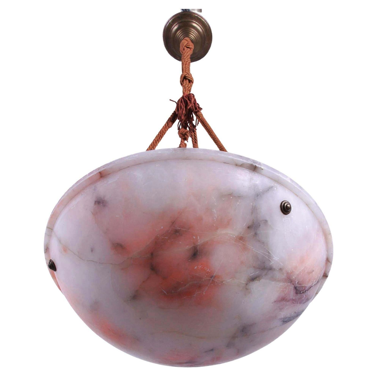 Carved Pink Alabaster French Art Deco Ceiling Light Chandelier photo for sale