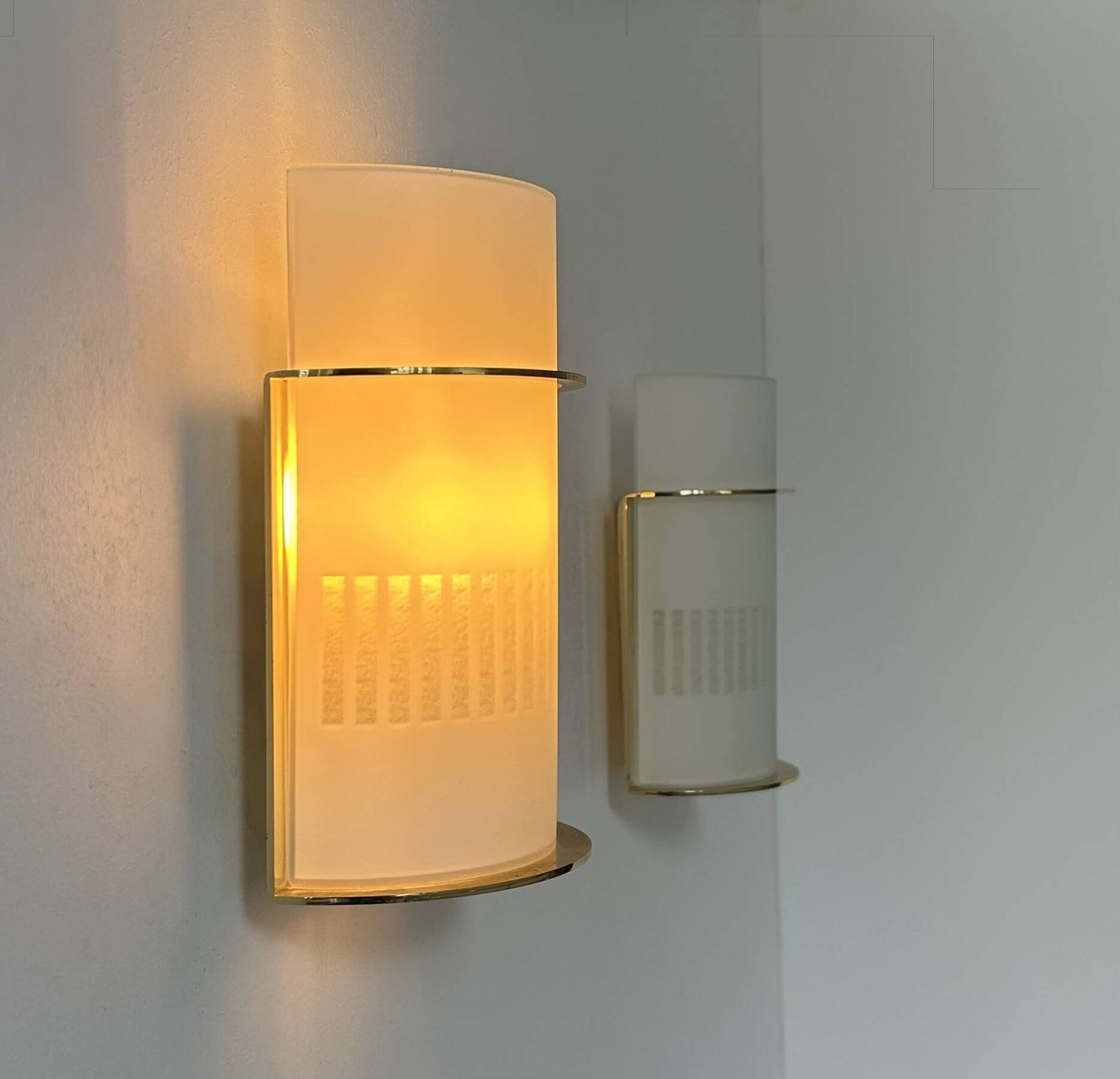 Pair Of Vintage Brass And Sandblasted Glass Wall Lights, France 1970 photo buy