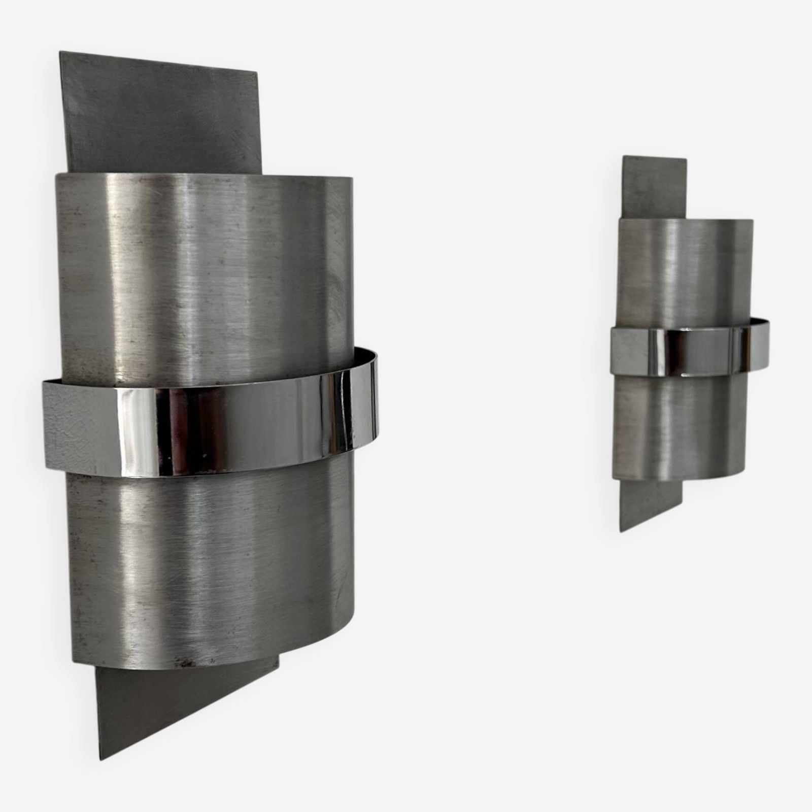 Pair Of Vintage Wall Lights, Brushed Metal And Chrome, France 1970